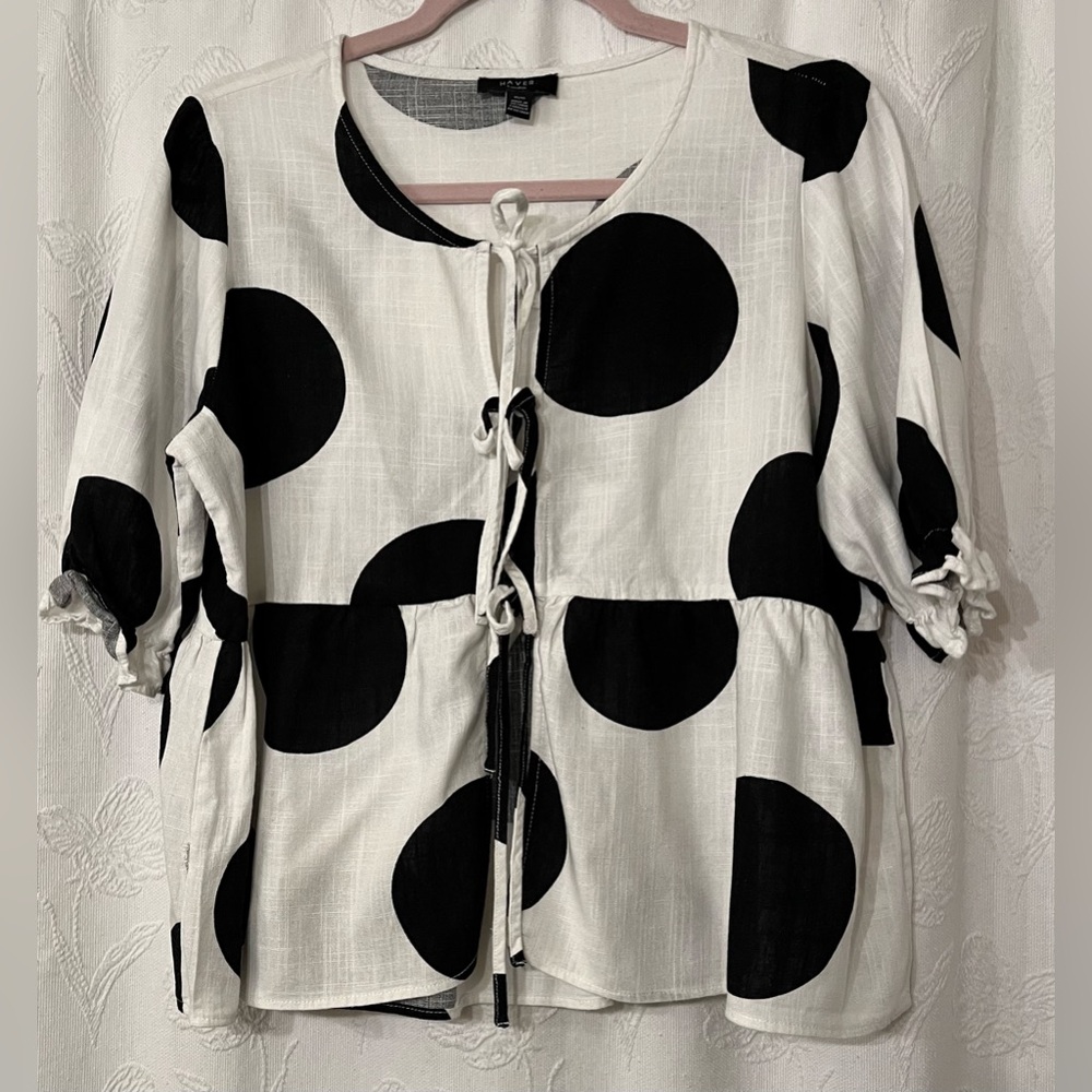 Haver London Women’s Blouse White With Black Polka Dots Tie Front Size Medium